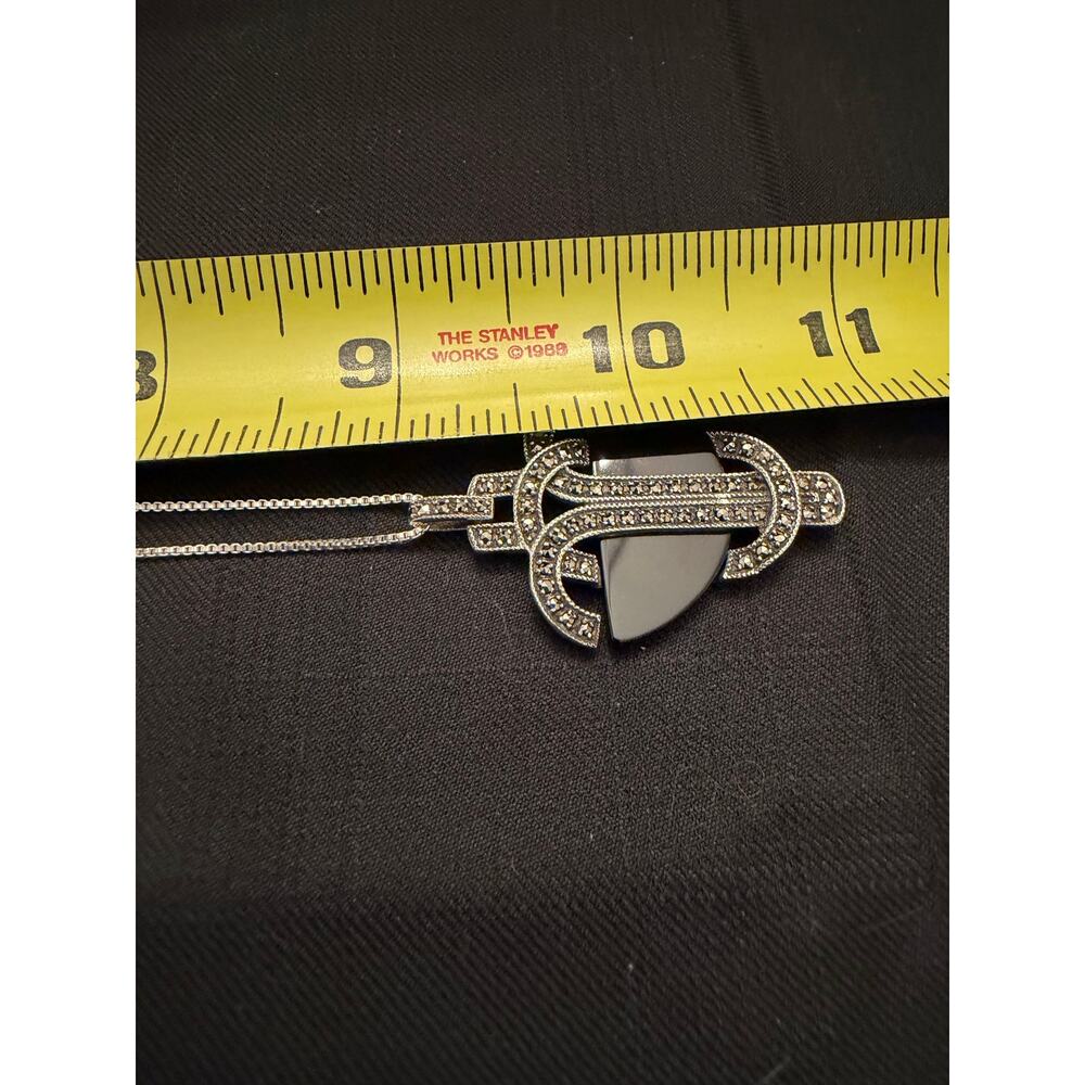 Art Deco Vintage 925 Sterling Silver 1.75x1.25” Onyx and Marcasite 18” Necklace - Picture 11 of 14